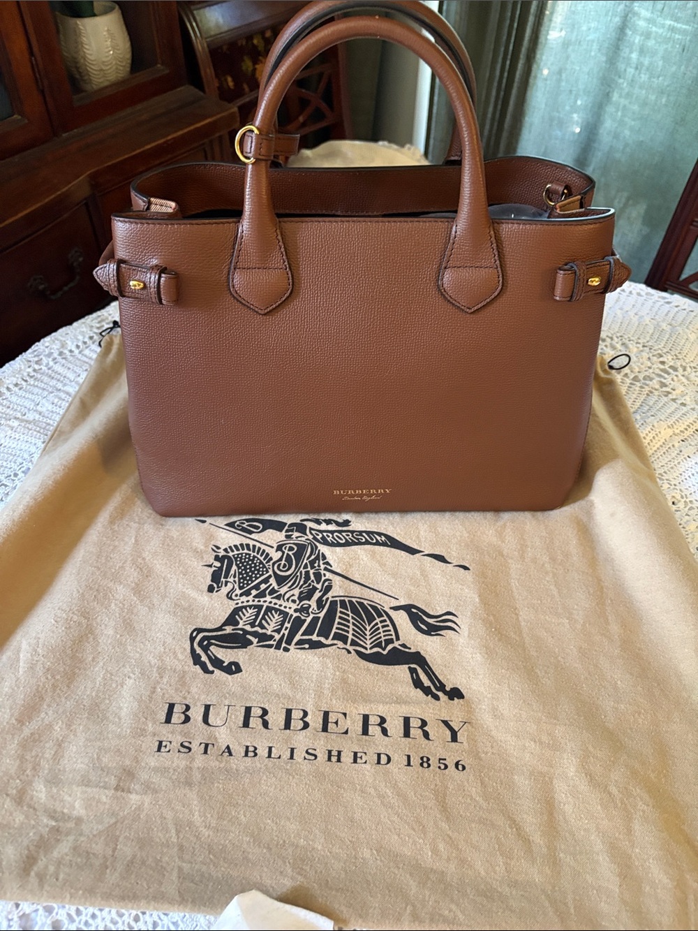 Burberry Tan Brown Pebbled Leather Satchel with Gold Hardware.